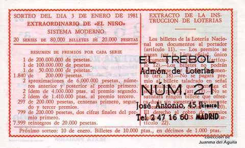 Reverso del décimo de Lotería Nacional de 1981 Sorteo 1