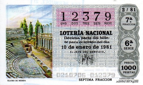 Décimo de Lotería Nacional de 1981 Sorteo 2 - TEATRO DE MERIDA