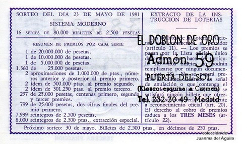 Reverso décimo de Lotería 1981 / 20