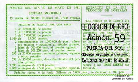 Reverso del décimo de Lotería Nacional de 1981 Sorteo 21