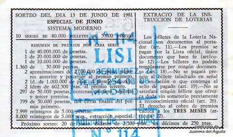 Reverso del décimo de Lotería Nacional de 1981 Sorteo 23