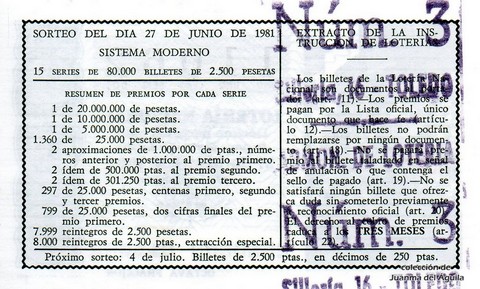 Reverso del décimo de Lotería Nacional de 1981 Sorteo 25