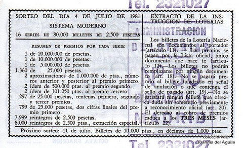 Reverso del décimo de Lotería Nacional de 1981 Sorteo 26