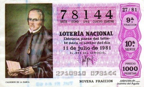 Décimo de Lotería Nacional de 1981 Sorteo 27 - CALDERON DE LA BARCA