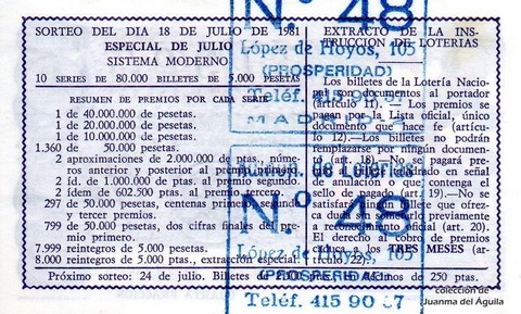 Reverso del décimo de Lotería Nacional de 1981 Sorteo 28