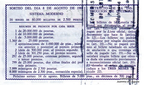 Reverso del décimo de Lotería Nacional de 1981 Sorteo 31