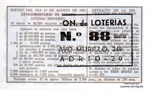 Reverso del décimo de Lotería Nacional de 1981 Sorteo 32