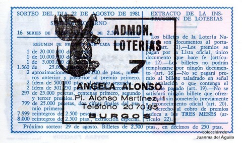 Reverso del décimo de Lotería Nacional de 1981 Sorteo 33