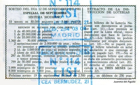 Reverso del décimo de Lotería Nacional de 1981 Sorteo 36