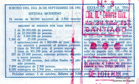 Reverso del décimo de Lotería Nacional de 1981 Sorteo 38