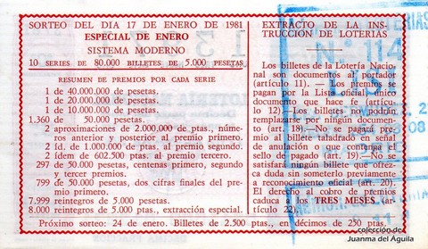 Reverso del décimo de Lotería Nacional de 1981 Sorteo 3