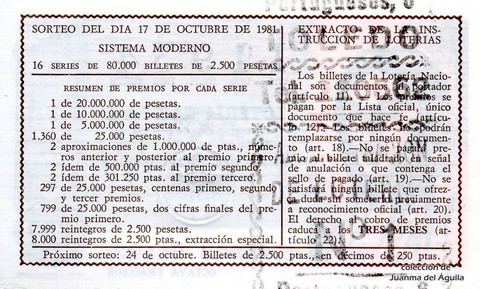 Reverso del décimo de Lotería Nacional de 1981 Sorteo 41