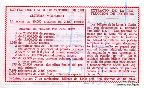 Reverso del décimo de Lotería Nacional de 1981 Sorteo 43
