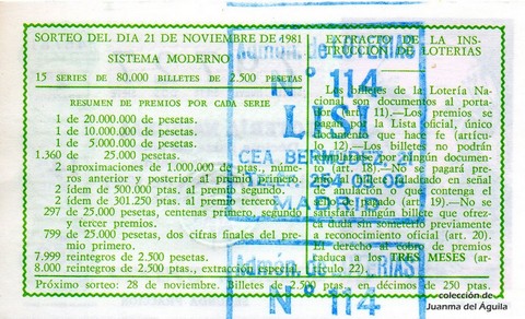 Reverso décimo de Lotería 1981 / 46