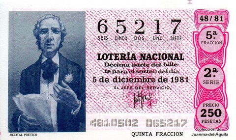 Décimo de Lotería Nacional de 1981 Sorteo 48 - RECITAL POETICO
