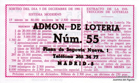 Reverso del décimo de Lotería Nacional de 1981 Sorteo 48