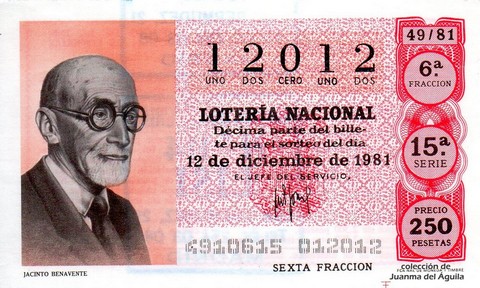 Décimo de Lotería Nacional de 1981 Sorteo 49 - JACINTO BENAVENTE