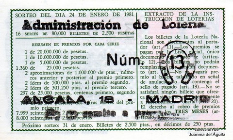 Reverso del décimo de Lotería Nacional de 1981 Sorteo 4