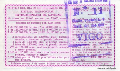 Reverso del décimo de Lotería Nacional de 1981 Sorteo 50