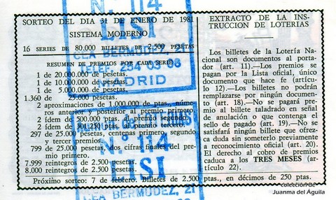 Reverso del décimo de Lotería Nacional de 1981 Sorteo 5