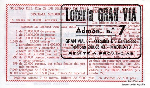 Reverso del décimo de Lotería Nacional de 1981 Sorteo 9