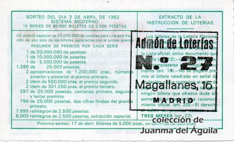 Reverso del décimo de Lotería Nacional de 1982 Sorteo 13