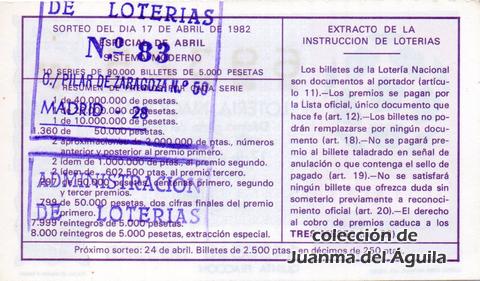 Reverso del décimo de Lotería Nacional de 1982 Sorteo 14