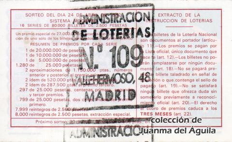 Reverso del décimo de Lotería Nacional de 1982 Sorteo 15