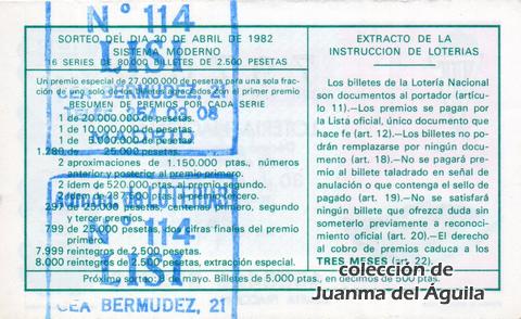 Reverso del décimo de Lotería Nacional de 1982 Sorteo 16