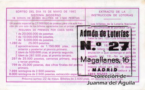 Reverso del décimo de Lotería Nacional de 1982 Sorteo 18