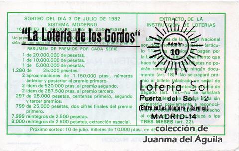 Reverso del décimo de Lotería Nacional de 1982 Sorteo 25