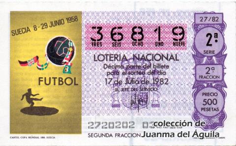 Décimo de Lotería Nacional de 1982 Sorteo 27 - CARTEL COPA MUNDIAL 1958. SUECIA