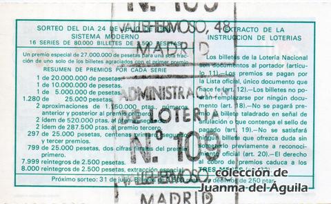 Reverso del décimo de Lotería Nacional de 1982 Sorteo 28
