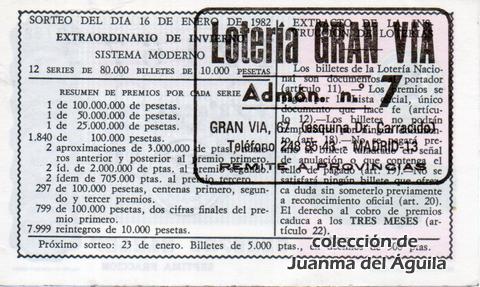 Reverso décimo de Lotería 1982 / 2
