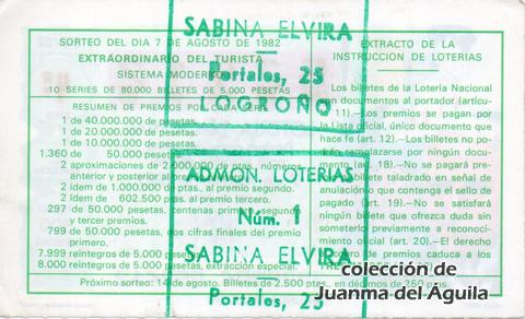 Reverso del décimo de Lotería Nacional de 1982 Sorteo 30