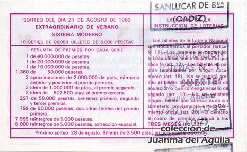 Reverso del décimo de Lotería Nacional de 1982 Sorteo 32