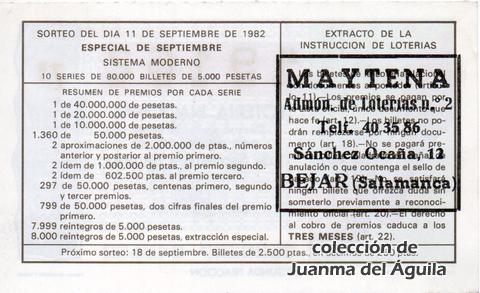 Reverso del décimo de Lotería Nacional de 1982 Sorteo 35