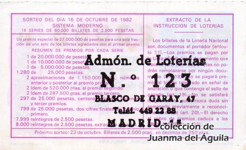 Reverso del décimo de Lotería Nacional de 1982 Sorteo 40