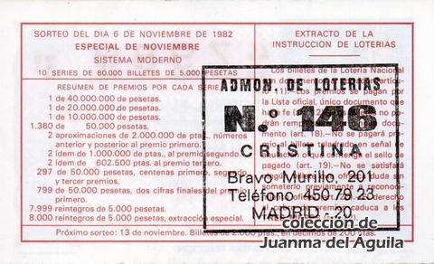 Reverso del décimo de Lotería Nacional de 1982 Sorteo 43