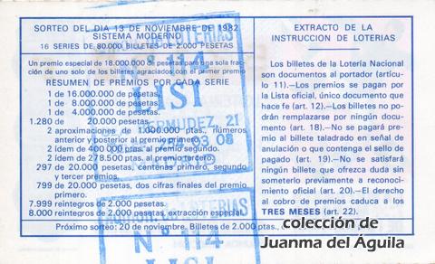 Reverso del décimo de Lotería Nacional de 1982 Sorteo 44