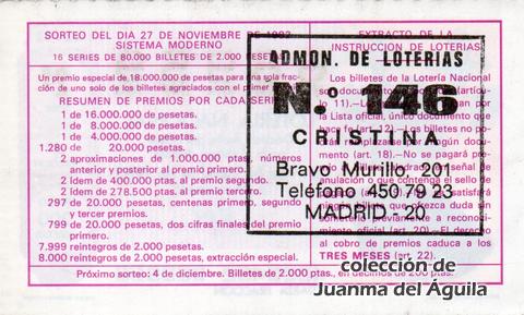 Reverso del décimo de Lotería Nacional de 1982 Sorteo 46