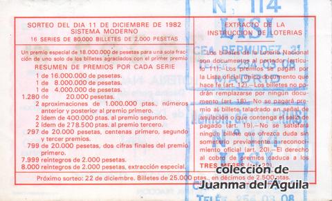 Reverso del décimo de Lotería Nacional de 1982 Sorteo 48