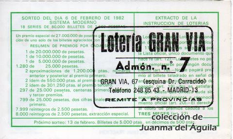 Reverso del décimo de Lotería Nacional de 1982 Sorteo 5