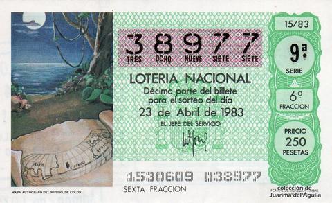 Décimo de Lotería Nacional de 1983 Sorteo 15 - MAPA AUTOGRAFO DEL MUNDO, DE COLON