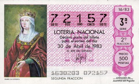 Décimo de Lotería Nacional de 1983 Sorteo 16 - ISABEL LA CATOLICA