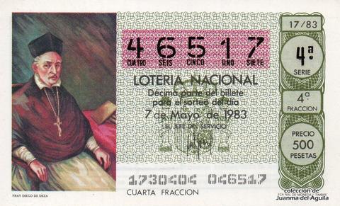 Décimo de Lotería Nacional de 1983 Sorteo 17 - FRAY DIEGO DE DEZA