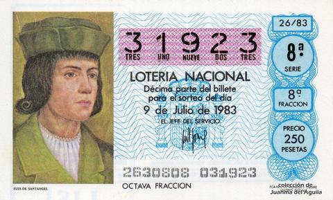 Décimo de Lotería Nacional de 1983 Sorteo 26 - LUIS DE SANTANGEL
