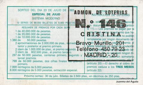 Reverso del décimo de Lotería Nacional de 1983 Sorteo 28