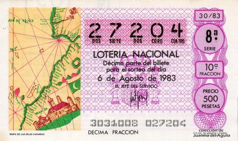 Décimo de Lotería Nacional de 1983 Sorteo 30 - MAPA DE LAS ISLAS CANARIAS