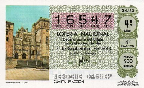 Décimo de Lotería Nacional de 1983 Sorteo 34 - MONASTERIO DE GUADALUPE